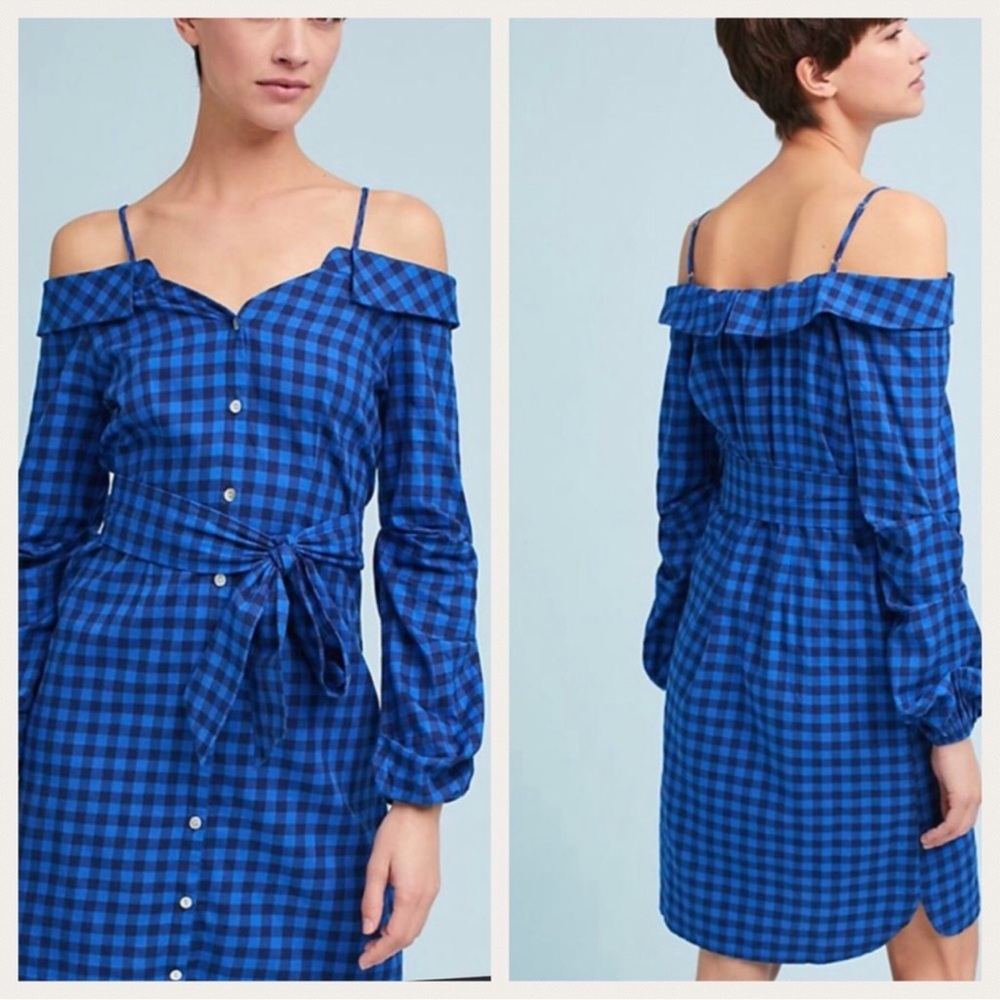 NWT $148 Guest Editor Anthropologie Blue Plaid Cold Shoulder Dress Size XL